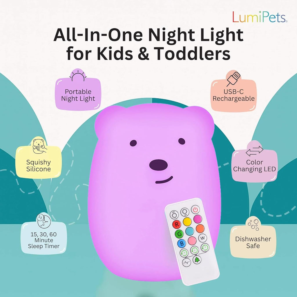 Benny the Bear Squishy Silicone Night Light for Kids | Cute Night Light with Remote & Touch Control for Girls & Boys | 9 Color Changing Soft Portable Animal Lamp Comes with USB Cord