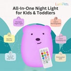 Benny the Bear Squishy Silicone Night Light for Kids | Cute Night Light with Remote & Touch Control for Girls & Boys | 9 Color Changing Soft Portable Animal Lamp Comes with USB Cord