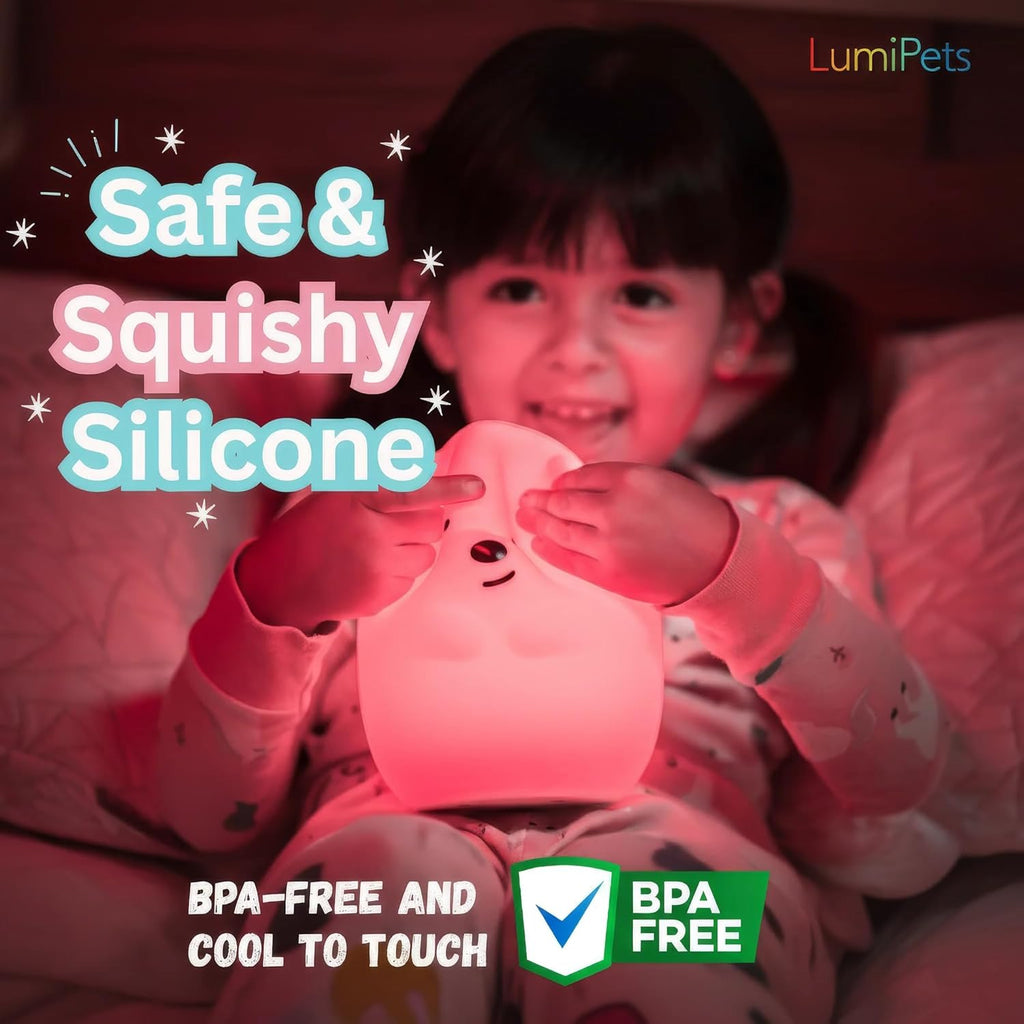 Benny the Bear Squishy Silicone Night Light for Kids | Cute Night Light with Remote & Touch Control for Girls & Boys | 9 Color Changing Soft Portable Animal Lamp Comes with USB Cord