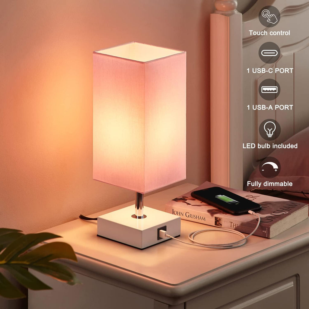 Touch Control Table Lamp with 2 USB Charging Ports, 3 Way Touch Lamps beside Desk, Nightstand Lamp for Bedrooms Living Room, Pink Shade with White Base, LED Bulb Included(Pink)
